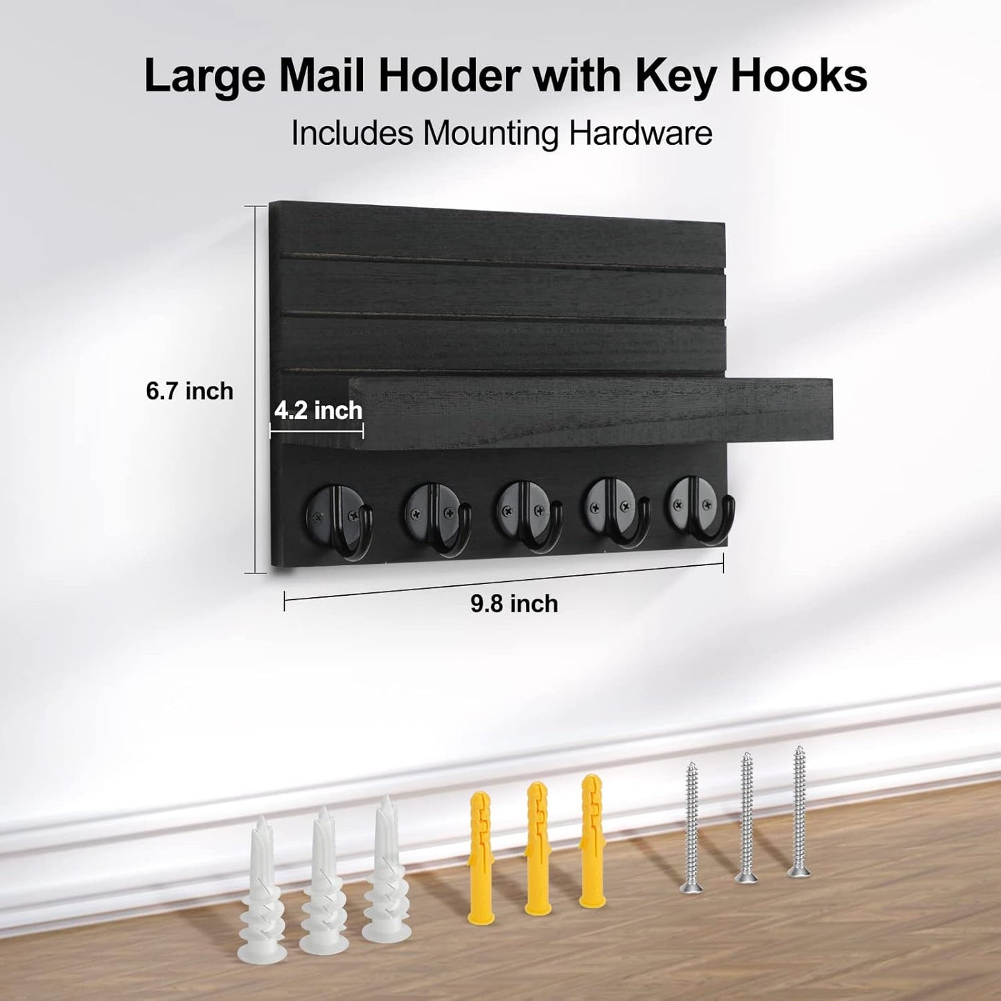 Key Holder for Wall, Decorative Key and Mail Holder with Shelf Has Large Hooks for Bags, Coats, Umbrella β Paulownia Wood Key Hanger with Mounting Hardware (9.8βW x 6.7βH x 4.2βD)