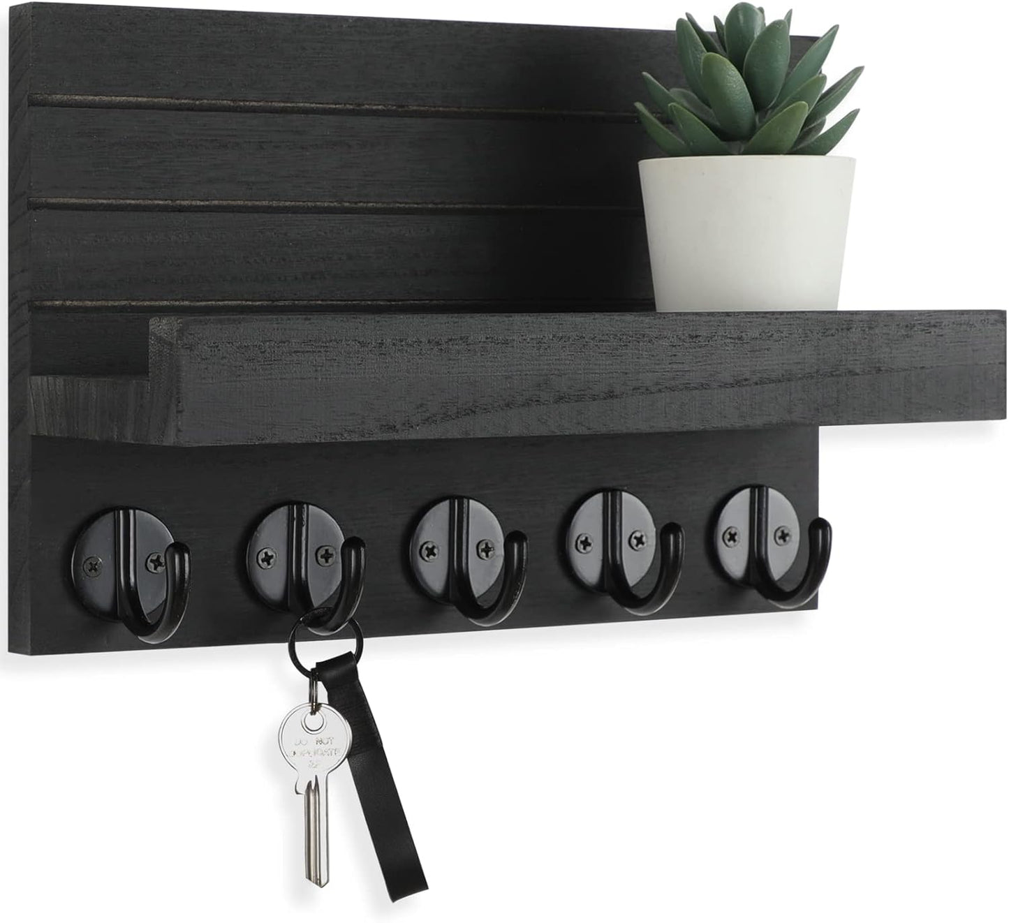 Key Holder for Wall, Decorative Key and Mail Holder with Shelf Has Large Hooks for Bags, Coats, Umbrella β Paulownia Wood Key Hanger with Mounting Hardware (9.8βW x 6.7βH x 4.2βD)