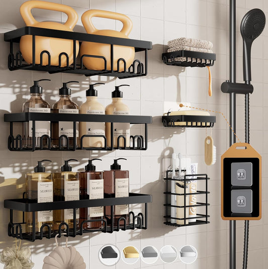 Veken Stainless Steel Shower Caddy 6-Pack, No Drilling & Rustproof, Waterproof Adhesive Shelves Rack with Soap Holder, Large Capacity Bathroom Organizers and Storage, Wall-Mounted Kitchen & Home Decor