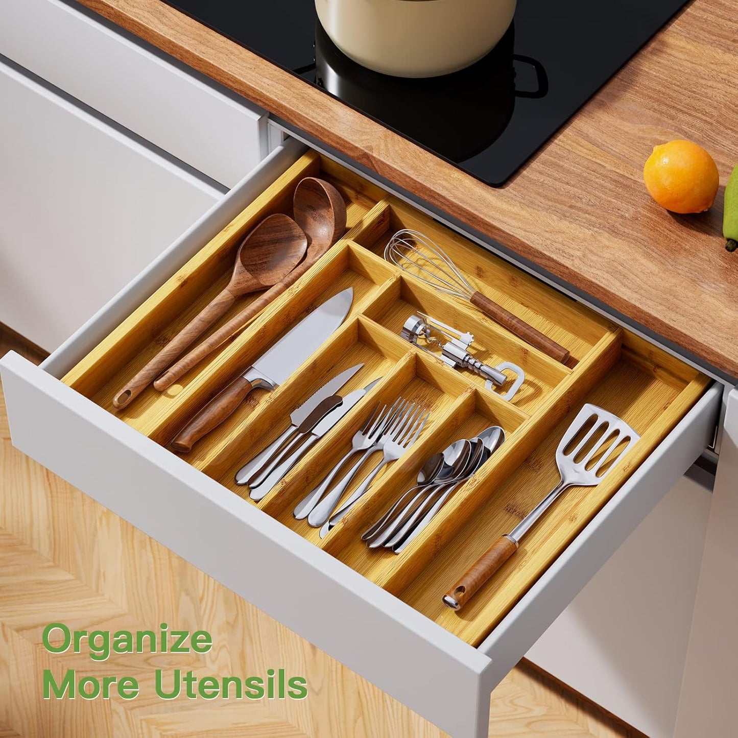 Pipishell Bamboo Silverware Organizer, Expandable Cutlery Tray, kitchen organizer for