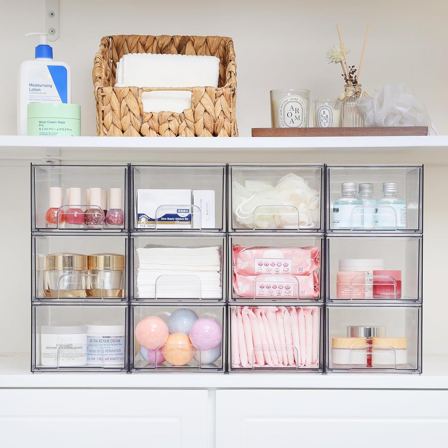 Vtopmart 4 Pack Clear Stackable Storage Drawers, 4.4'' Tall Acrylic Bathroom Makeup Organizer,Plastic Storage Bins For Vanity, Undersink, Kitchen Cabinets, Pantry, Home Organization
